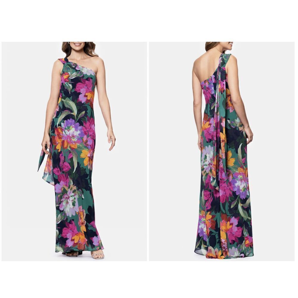 $198 Xscape Evenings Floral One-Shoulder Chiffon Gown Size 12‎ New